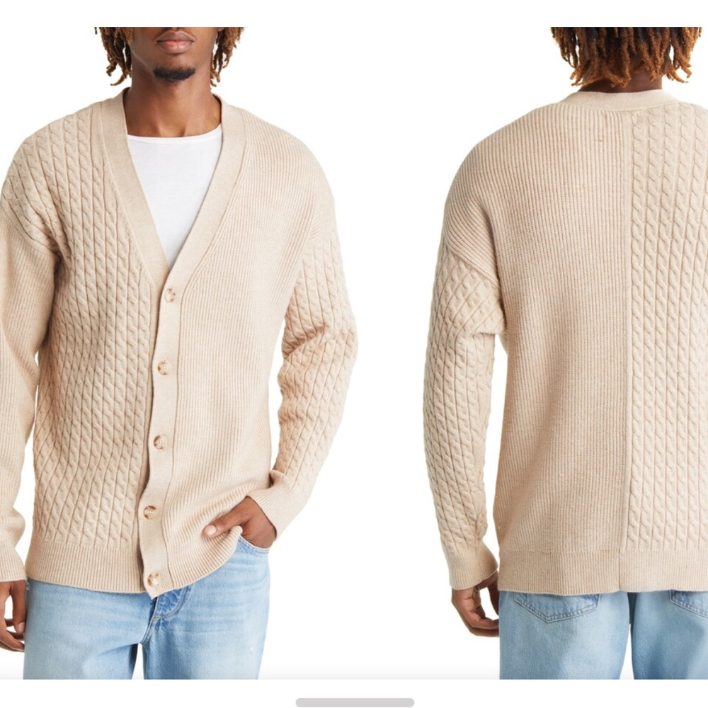 Top man mix stitch Warm Beige V-Neck Cardigan with Cable Knit Design size M